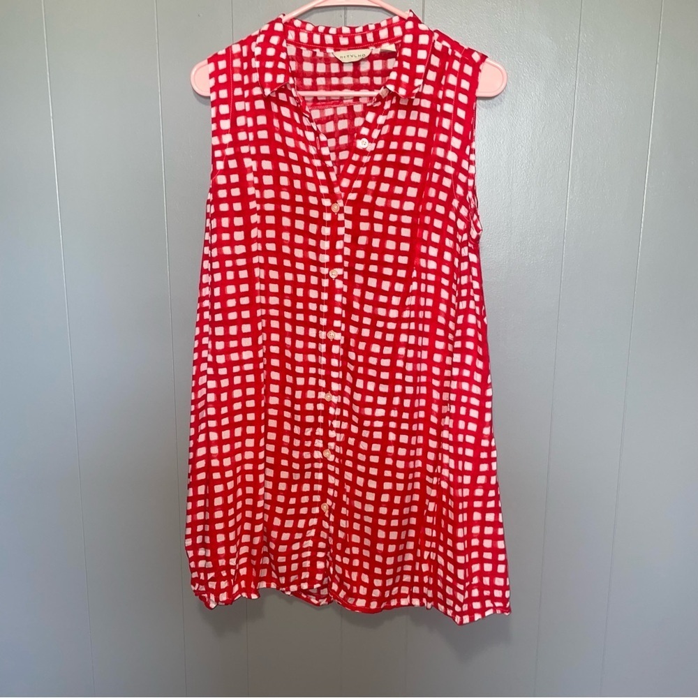 Anthropologie 11:1 Tylho Percy Tunic Red White Gingham Plaid Windowpane Medium - Picture 2 of 7